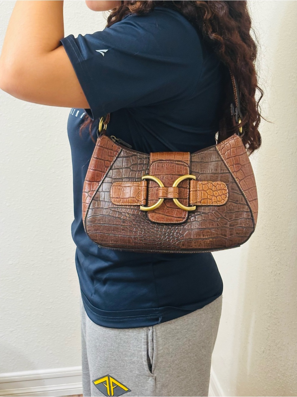 Croc-Embossed Brown Shoulder Bag with Gold Buckle Accent